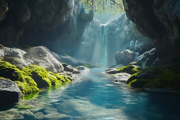 Poster - Peaceful forest scene featuring a serene waterfall cascading into a crystal clear pool surrounded by green moss : Generative AI