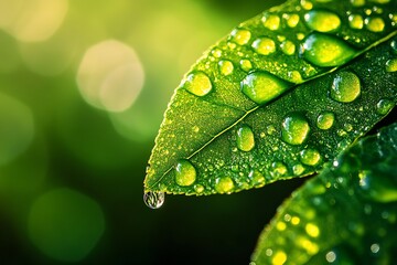 Poster - Dewy green leaves shimmering in soft light with droplets suspended on the surface creating a serene atmosphere : Generative AI