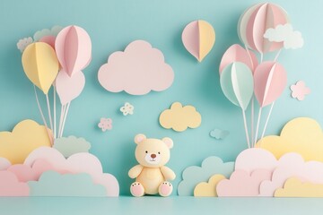 Poster - Whimsical paper cutout design featuring playful teddy bears and colorful balloons in a childrens theme Generative AI