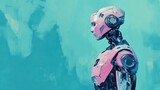 Robot humanoidalny różowy na tle niebieskim