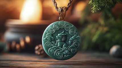 Poster - Beautiful carved green jade pendant featuring a lion design surrounded by artistic cloud patterns : Generative AI