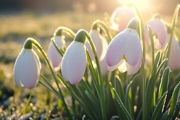 Fototapete - Beautiful close up of snowdrop flowers glistening with dew in soft morning light : Generative AI