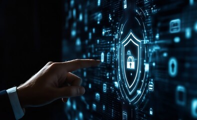 Poster - Confident businessman engaging with futuristic security system for enhanced data safety : Generative AI