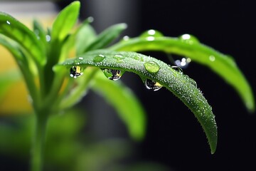 Poster - Close Up View of Fresh Leaves with Water Droplets Against a Dark Background : Generative AI