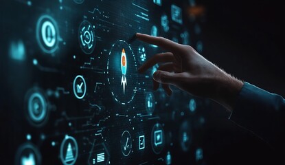 Leinwandbilder - Close-up of hand engaging with rocket launch symbol on a high-tech digital screen : Generative AI