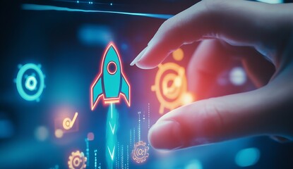 Poster - Futuristic hand pressing a digital rocket icon illustrating startup concepts and ambition : Generative AI