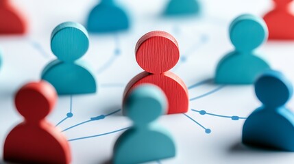 Leinwandbilder - Dynamic and colorful representation of network connections with vibrant blue and red wooden figures : Generative AI