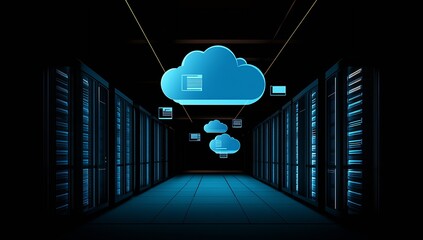 Fototapete - Sleek and Modern Data Center with Blue Cloud Graphics and Advanced Server Technology : Generative AI