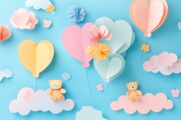 Poster - Cute paper cutout design with balloons, teddy bears, and playful clouds in pastel colors for a whimsical childrens theme Generative AI