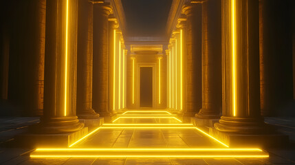 Wall Mural - 3d render, abstract neon wallpaper. yellow glowing lines over black background. streaming energy. Radiant - Temple. Illustration