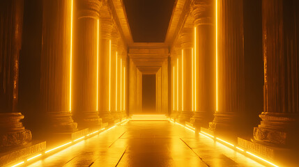 Wall Mural - 3d render, abstract neon wallpaper. yellow glowing lines over black background. streaming energy. Radiant - Temple. Illustration
