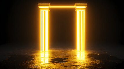 Wall Mural - 3d render, abstract neon wallpaper. yellow glowing lines over black background. streaming energy. Radiant - Temple. Illustration