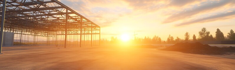 Aufkleber - Sunrise over a construction site with steel framework and a clear sky, creating a warm, golden atmosphere.