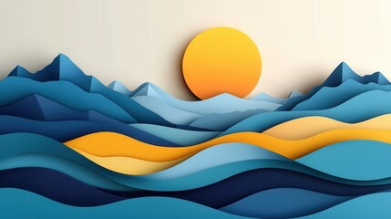 Fototapete - Vibrant layered paper art capturing scenic landscapes with rolling waves, mountains, and a warm sun Generative AI