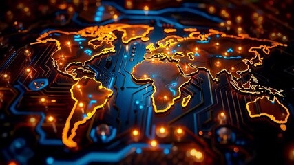 Wall Mural - world map made of electronic circuit, global network connectivity, technology business, internationa