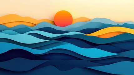 Leinwandbilder - Vibrant paper art landscape featuring layered waves, mountains, and a warm sun creating a dynamic travel inspired design Generative AI