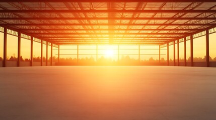 Aufkleber - Industrial space with a stunning sunset view illuminating the interior structure.