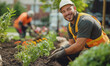 © Mattie - Handsome landscape garden worker portrait on the job site with his crew in the background, blue collar, outdoor, mature, planting shrubs perennials masonry