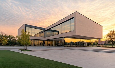 Poster - Modern architectural building with large windows, set against a vibrant sunset sky.