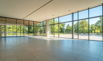 Aufkleber - Modern interior space with large windows showcasing natural light and greenery outside.