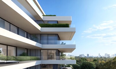 Poster - Modern apartment building with sleek architecture and vibrant greenery under a clear blue sky.