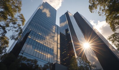 Aufkleber - Modern skyscrapers reflecting sunlight amidst greenery, showcasing urban architecture.
