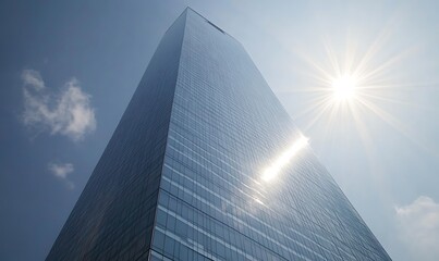 Poster - Modern skyscraper under bright sunlight with a clear blue sky backdrop.