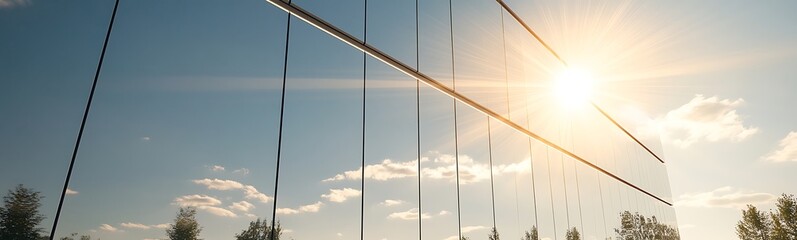 Poster - Sunlight streaming through a modern cable structure against a blue sky with clouds.