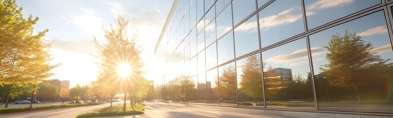 Poster - Sunlight reflects off a modern glass building surrounded by trees and a clear sky.