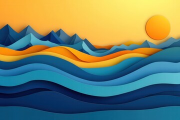 Poster - Vibrant layered paper art depicting rolling waves, mountains, and a warm sun for a dynamic travel inspired aesthetic Generative AI