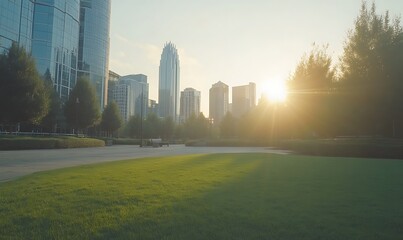 Aufkleber - City skyline at sunset with lush green park in the foreground.