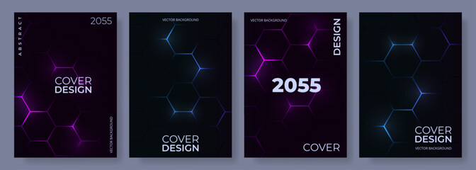 Poster - Dark hexagonal abstract technology background set with blue and pink colored bright flashes under hexagon. Gaming vector poster collection for brochure, flyer, book, backdrop, presentation and banner.