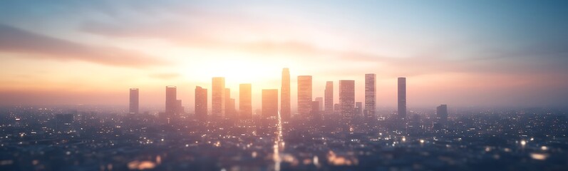 Poster - City skyline at sunset with vibrant colors illuminating modern skyscrapers.