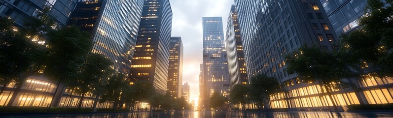 Poster - Modern city skyline at sunset with tall buildings and trees lining the street.
