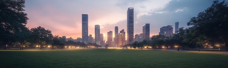 Aufkleber - Urban skyline at dusk with modern buildings and greenery in the foreground.