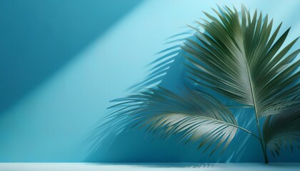 Wall Mural - shadow from palm leaves on blue wall minimal abstract background for product presentation spring and