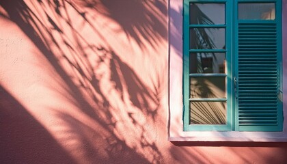 Wall Mural - shadows dance softly on a pink wall illuminated by warm light reflecting through a turquoise window 