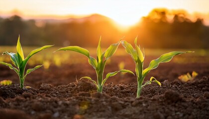 Wall Mural - young corn plants emerge from rich soil as the sun rises illuminating the field with warm morning li