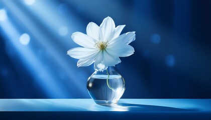 Wall Mural - a delicate white flower in a glass vase surrounded by soft blue light reflecting tranquility and bea