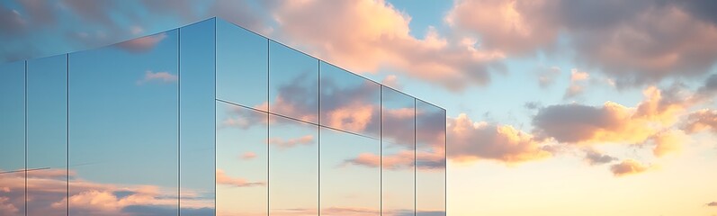 Poster - Modern glass building reflecting a colorful sunset with soft clouds in the background.