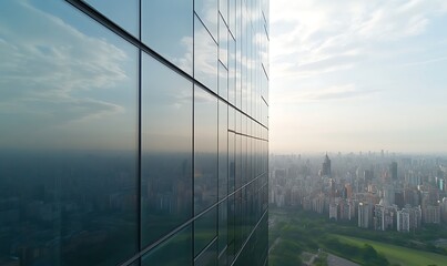 Poster - City skyline reflected on a glass building with a clear sky and green landscape below.