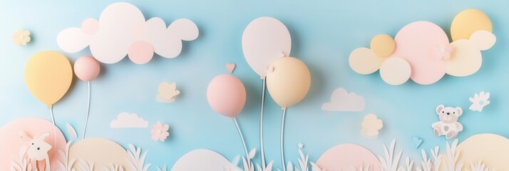 Poster - Cute pastel paper cutout design featuring balloons, teddy bears, and playful clouds for a whimsical childrens theme Generative AI