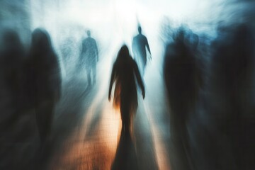 Fototapete - Mysterious silhouettes loom in a blurred, dark toned atmosphere evoking emotions of fear and uncertainty Generative AI