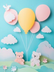 Poster - Cute paper cutout design featuring teddy bears, balloons, and playful clouds in pastel colors for a whimsical childrens theme Generative AI