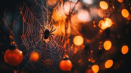 A spider sits in the center of its intricate cobweb highlighted by bokeh lights