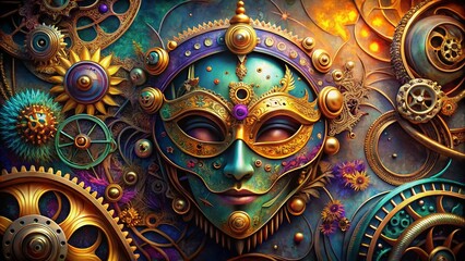 Wall Mural - aerial view: ornate steampunk gears & mardi gras masks doodle art backdrop