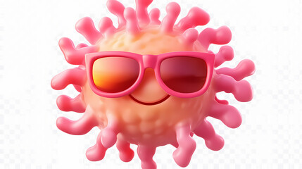 Wall Mural - Summer sun set collection: happy cartoon sun, 3d render of sun with sunglasses character close up illustration, isolated on transparent background, png. Whimsical - Village. Illustration