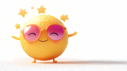 Wall Mural - Summer sun set collection: happy cartoon sun, 3d render of sun with sunglasses character close up illustration, isolated on transparent background, png. Whimsical - Village. Illustration