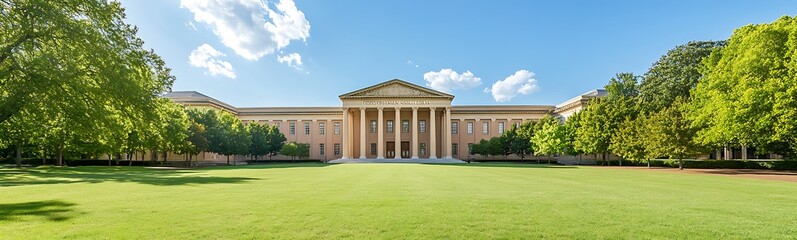 Aufkleber - A grand building surrounded by lush greenery under a clear blue sky.
