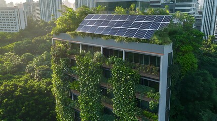 Poster - Modern eco-friendly building covered in greenery with solar panels on the roof.